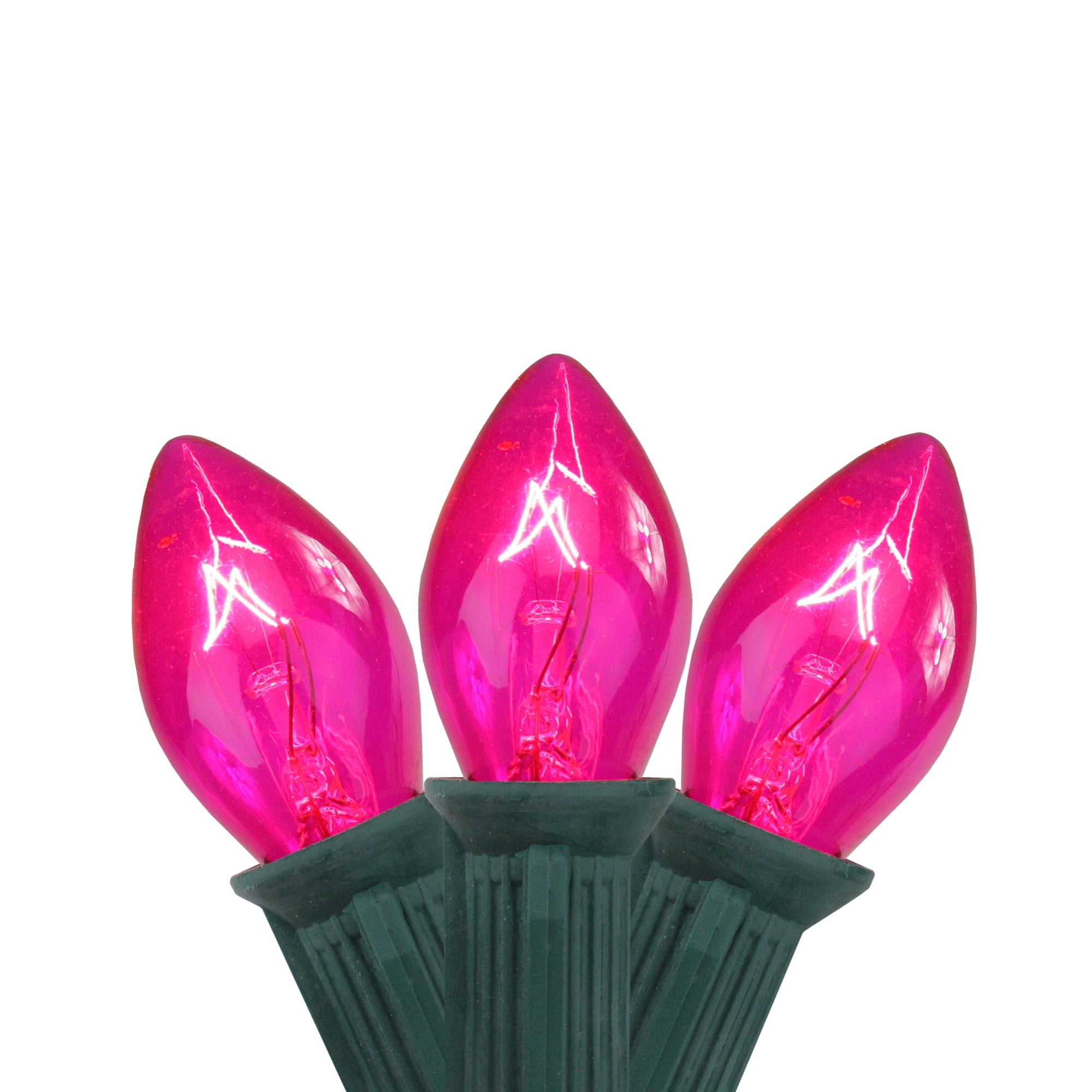 Set of 25 Transparent Pink C7 Christmas Lights 12" Spacing - Green Wire