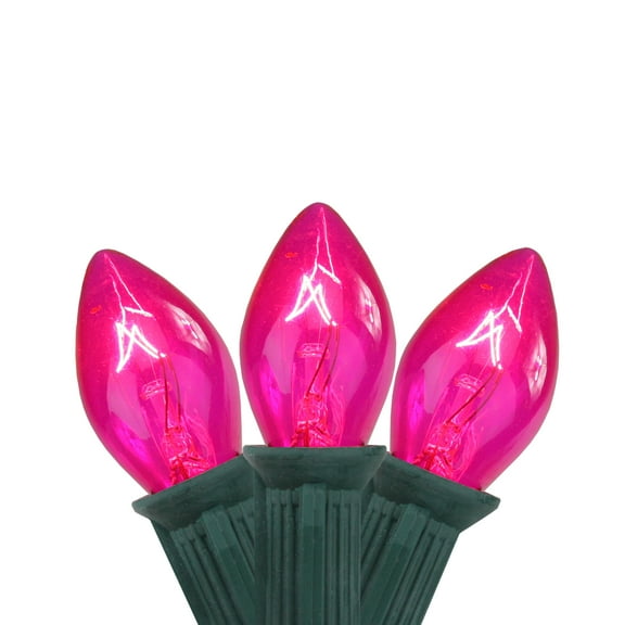 Set of 25 Transparent Pink C7 Christmas Lights 12" Spacing - Green Wire