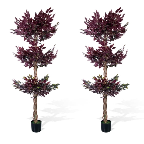 Set of 2Artificial Ficus Tree 6FT, Purple Realistic Faux Banyan Tree with Pot for Indoor Outdoor Home Office Decor