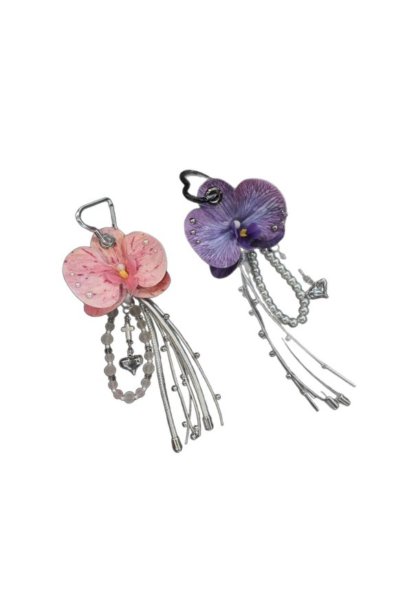 Set of 2pcs Flower Tassels Keychain Pendant with Pearls Beads and Chain Versatile Hanging Accessory for Keys or Purse