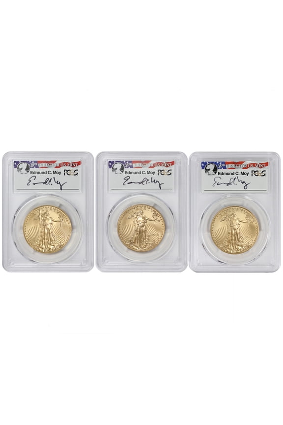Set of 3 2015-W $50 Gold Eagle PCGS SP70 First Day of Issue D.C. Denver Philly Moy Label U.S. Mint Coin