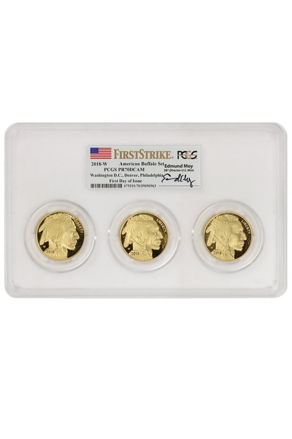 Set of 3 2018-W Gold Buffalo Coins PCGS PR70DCAM First Strike First Day of Issue DC Denver Philly Moy Label
