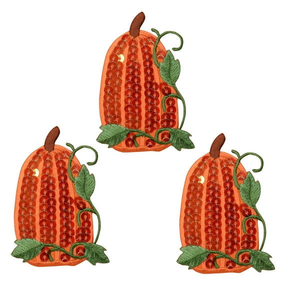 (Set of 3) 3" tall, Sequin Orange Pumpkin, Embroidered, Iron on Patch