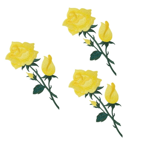 (Set of 3) - 4-3/4" (12.07cm) - Shimmery Yellow Rose - Open - Petals on Stem - Iron on Applique/Embroidered Patch