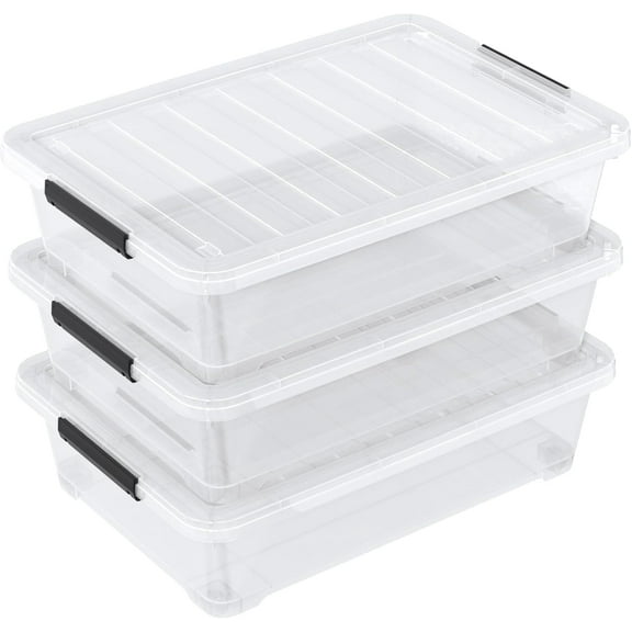 Set of 3 42 L Clear Plastic Under The Bed Storage Bins, Underbed Box with Latching Lid and Wheels, Flat Container for Dormitory, Apartment, Attic