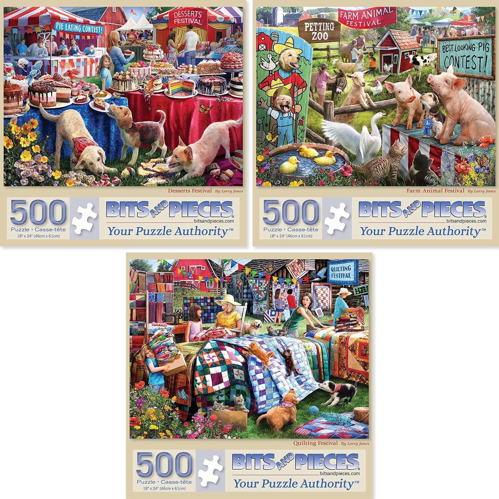 Set of 3 500 Piece Jigsaw Puzzles for Adults Farm Animals Quilting 18”x24”