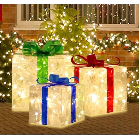 Set of 3 70 LED Lighted Christmas Present Boxes, Outdoor Light Up Decor Perfect for Yard, Garden, Christmas Tree Skirt & Holiday Parties