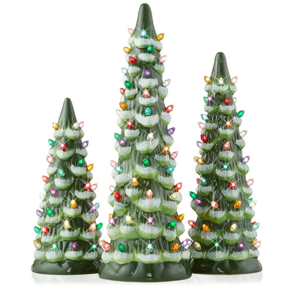 Set of 3 - 8, 10, 12-Inch Hand Painted Ceramic Christmas Trees - Green Snow Flocked with Multi Color Lights