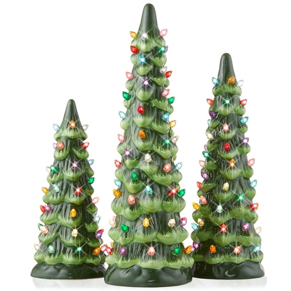 Set of 3 - 8, 10, 12-Inch Hand Painted Ceramic Christmas Trees - Green with Multi Color Lights