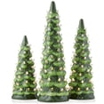 thumbnail image 1 of Set of 3 - 8, 10, 12-Inch Hand Painted Ceramic Christmas Trees - Green with White Lights, 1 of 6