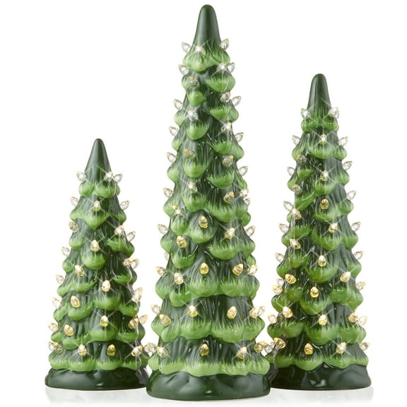 Set of 3 - 8, 10, 12-Inch Hand Painted Ceramic Christmas Trees - Green with White Lights