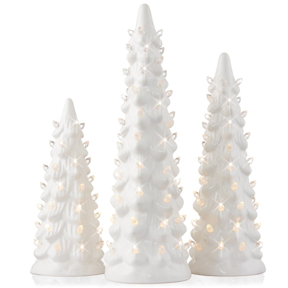 Set of 3 - 8, 10, 12-Inch Hand Painted Ceramic Christmas Trees - White with White Lights