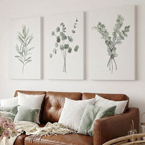 Set of 3, 8x10 Size, Stretched Canvas Wall Art, Light Green Eucalyptus & Olive Branch Painting, Set of 3 Prints