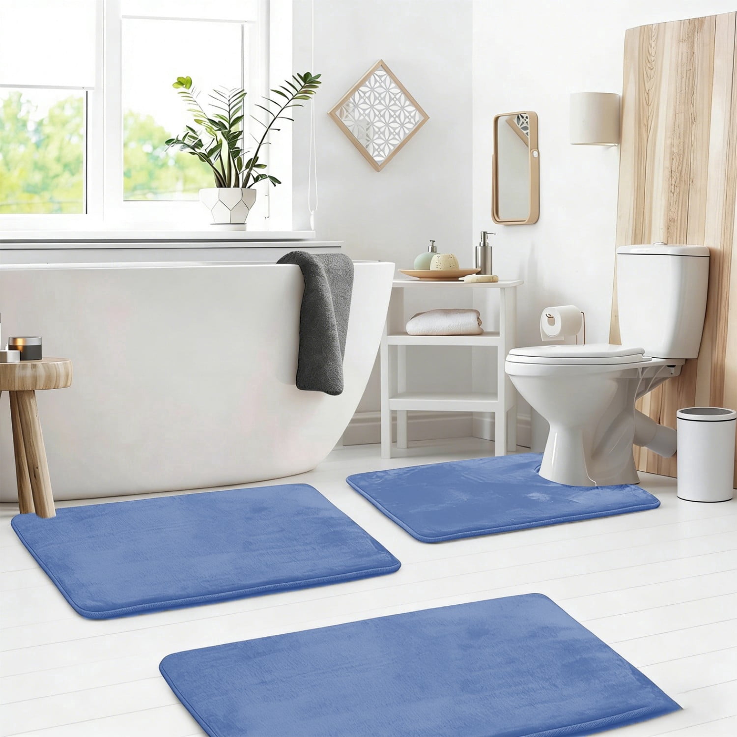 Set of 3 Absorbent Memory Foam Bath Mat Bathroom Rugs, Machine Washable， Large 20"x32", Small 17"x24", Contour 24"x20" Blue