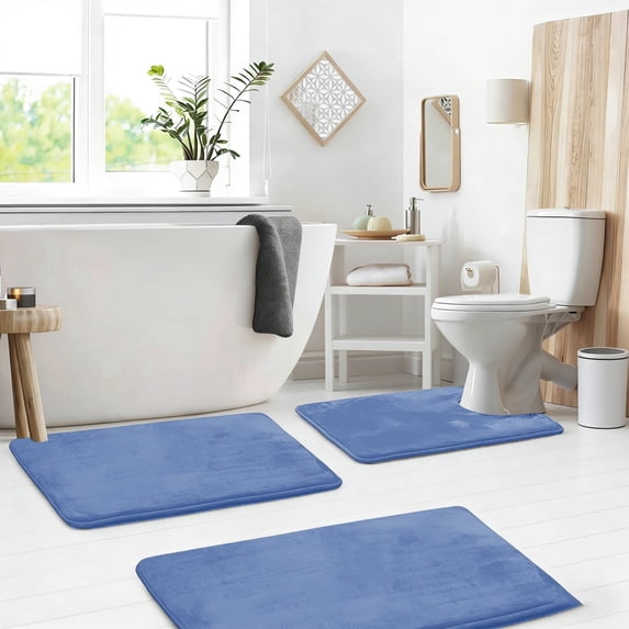 Set of 3 Absorbent Memory Foam Bath Mat Bathroom Rugs, Machine Washable, Large 20"x32", Small 17"x24", Contour 24"x20" Blue