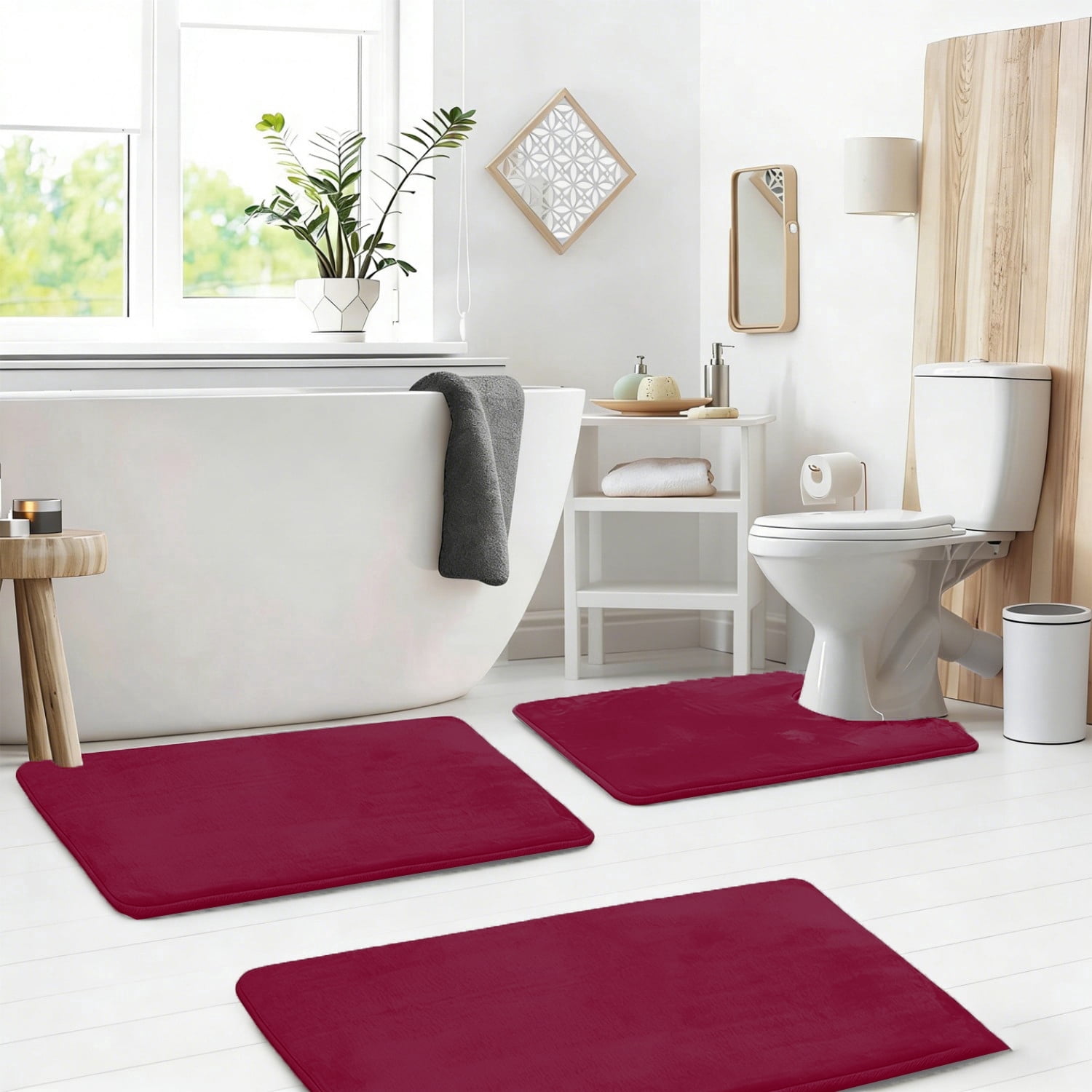 Set of 3 Absorbent Memory Foam Bath Mat Bathroom Rugs, Machine Washable， Large 20"x32", Small 17"x24", Contour 24"x20" Burgundy