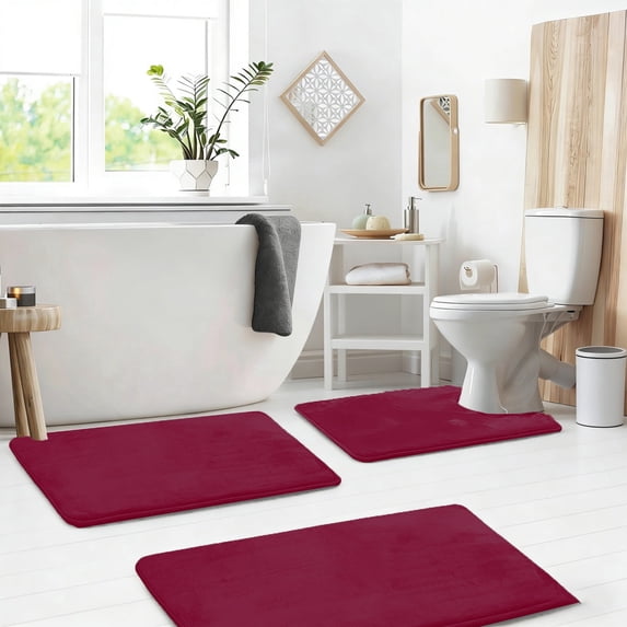 Set of 3 Absorbent Memory Foam Bath Mat Bathroom Rugs, Machine Washable, Large 20"x32", Small 17"x24", Contour 24"x20" Burgundy