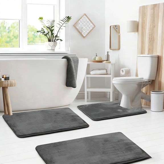 Set of 3 Absorbent Memory Foam Bath Mat Bathroom Rugs, Machine Washable, Large 20"x32", Small 17"x24", Contour 24"x20" Dark Gray