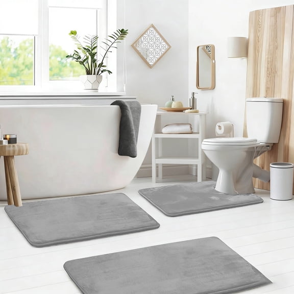 Set of 3 Absorbent Memory Foam Bath Mat Bathroom Rugs, Machine Washable, Large 20"x32", Small 17"x24", Contour 24"x20" Grey