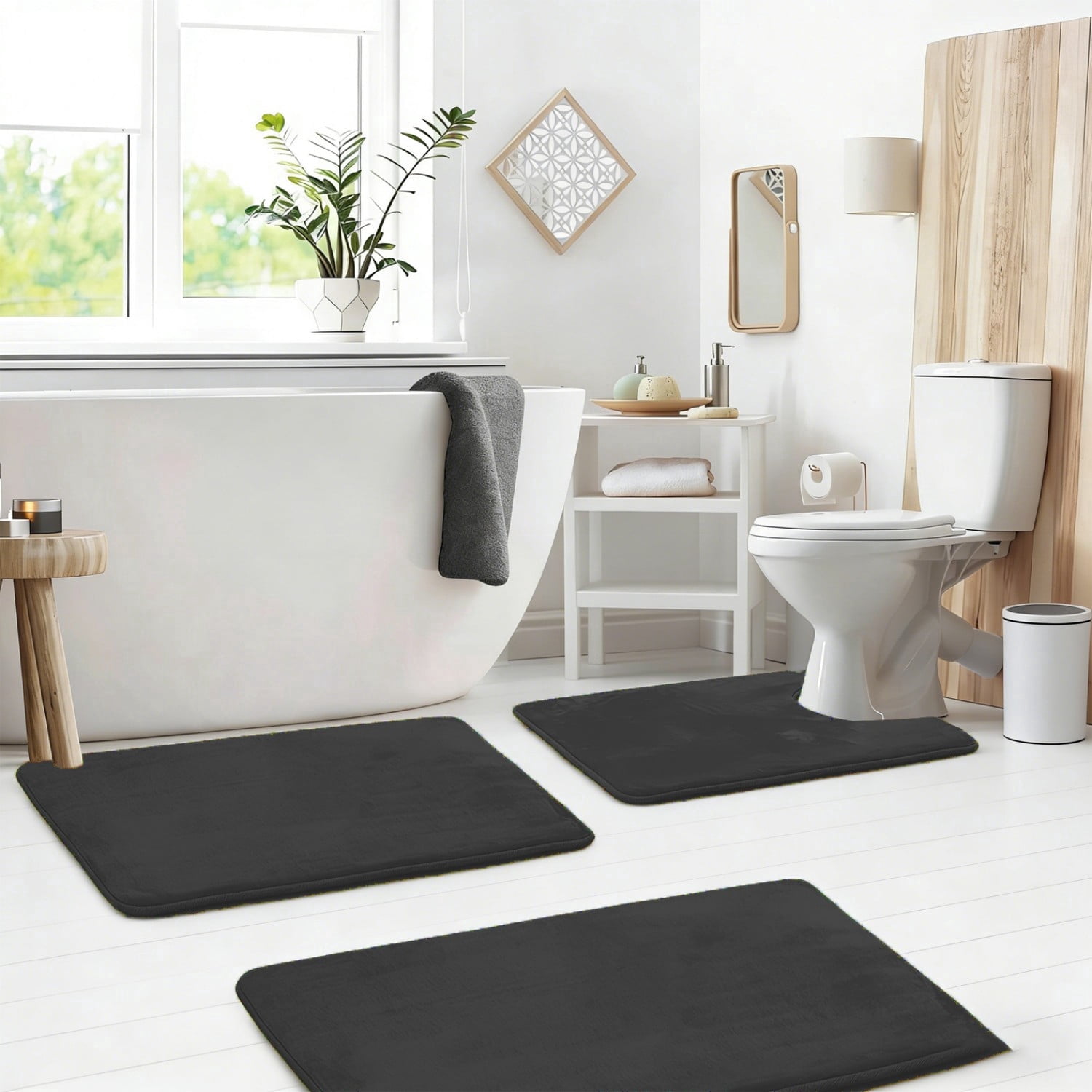 Set of 3 Absorbent Memory Foam Bath Mat Bathroom Rugs, Machine Washable， Large 20"x32", Small 17"x24", Contour 24"x20" Black
