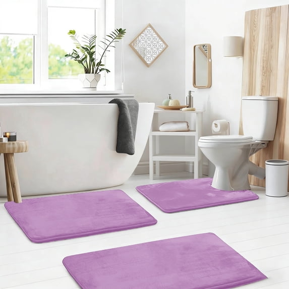 Set of 3 Absorbent Memory Foam Bath Mat Bathroom Rugs, Machine Washable, Large 20"x32", Small 17"x24", Contour 24"x20" Purple