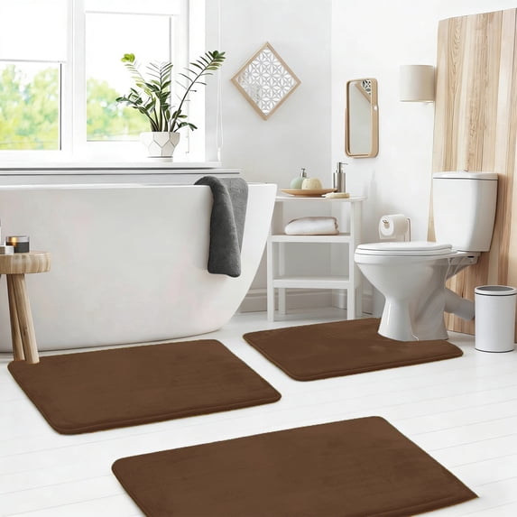 Set of 3 Absorbent Memory Foam Bath Mat Bathroom Rugs, Machine Washable, Large 20"x32", Small 17"x24", Contour 24"x20" Brown