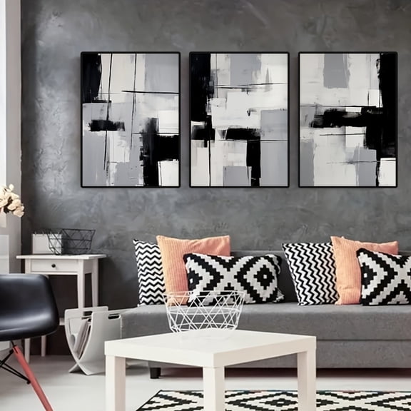 Set of 3 Abstract Black and White Canvas Paintings - Frameless Minimalist Artwork for Living Room and Office Decor
