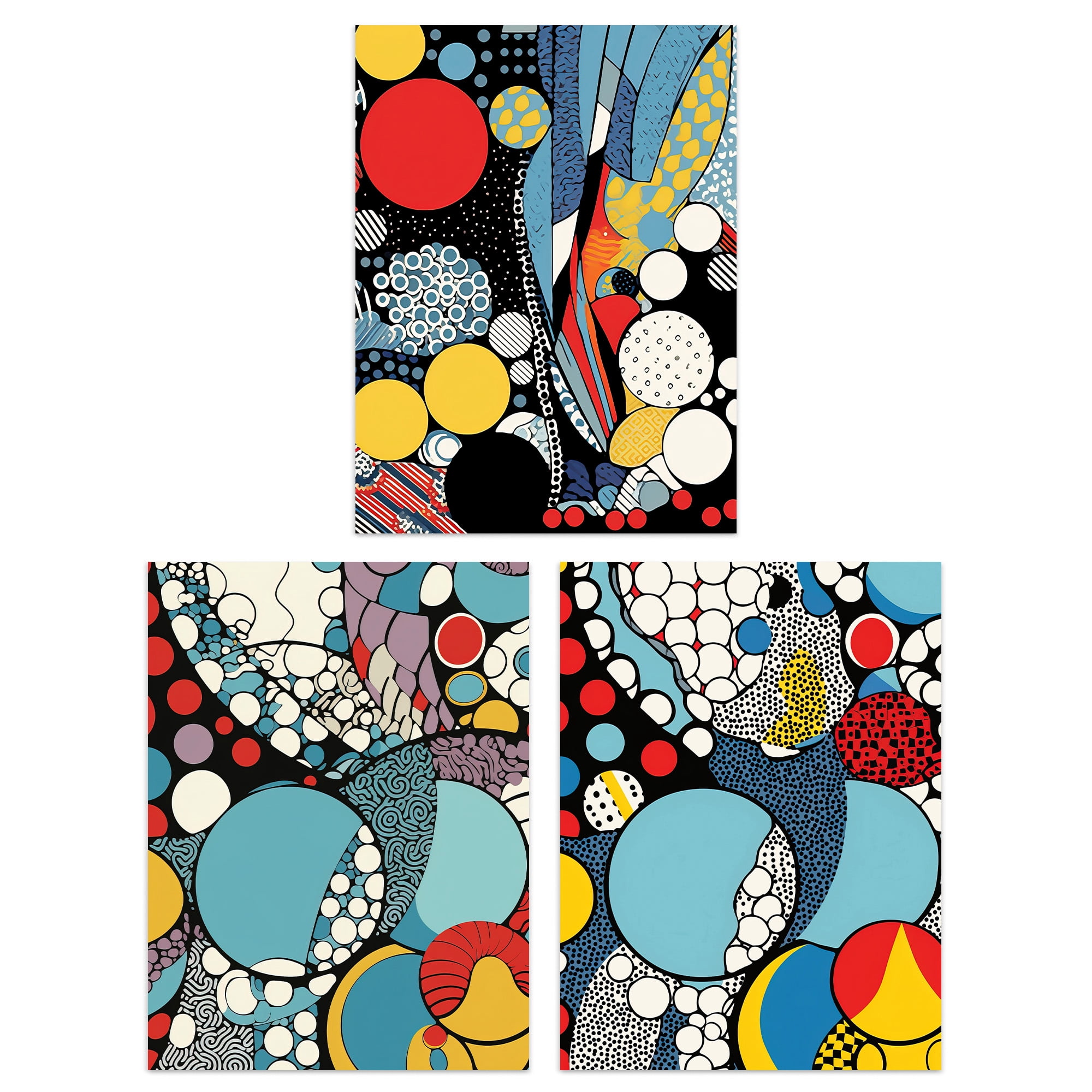 Set of 3 Abstract Bubbles and Patterns Pop Artwork Blue Red Yellow ...
