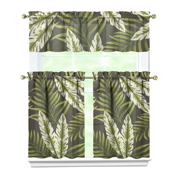 Set of 3 Aloha Tropical Plant Kitchen Curtains - Jungle Leaves & Vibrant Floral Valance for Farmhouse Windows