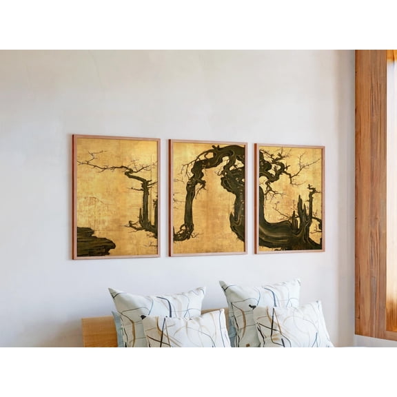 Set of 3 Ancient Plum Tree Wall Art, Flowering Branch Triptych Prints, Japanese Gold Screen Decor, Traditional Nature Gallery Set, Poster Only