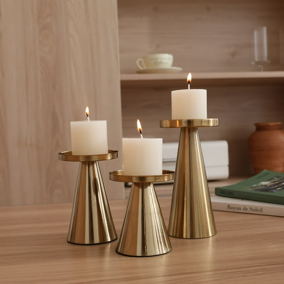 Set of 3 Antique Bronze Cone-Shaped Candle Holders