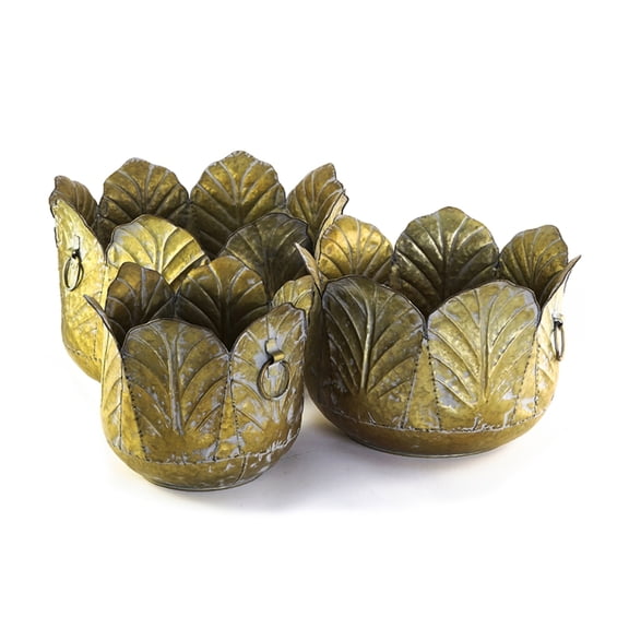 Set of 3 Antique Yellow Distressed Zinc Square Leaf-Rim Planter Pots,Graduated Large/Medium/Small Sizes