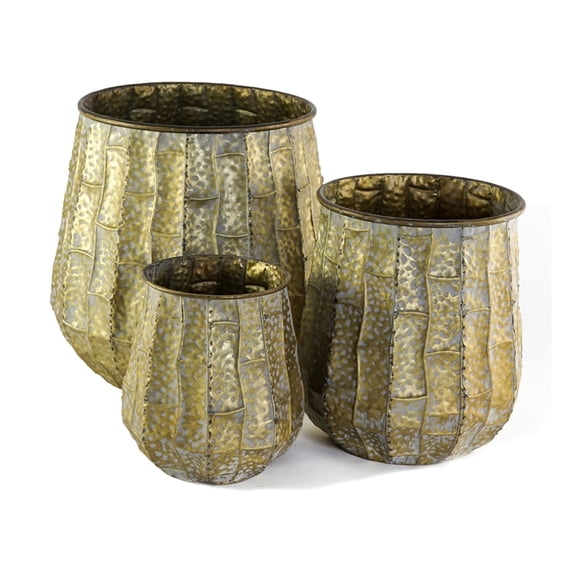 Set of 3 Antique Yellow Hammered Textured Zinc Taper Planter Pots,3 Nesting Assorted Sizes Large/Medium/Small