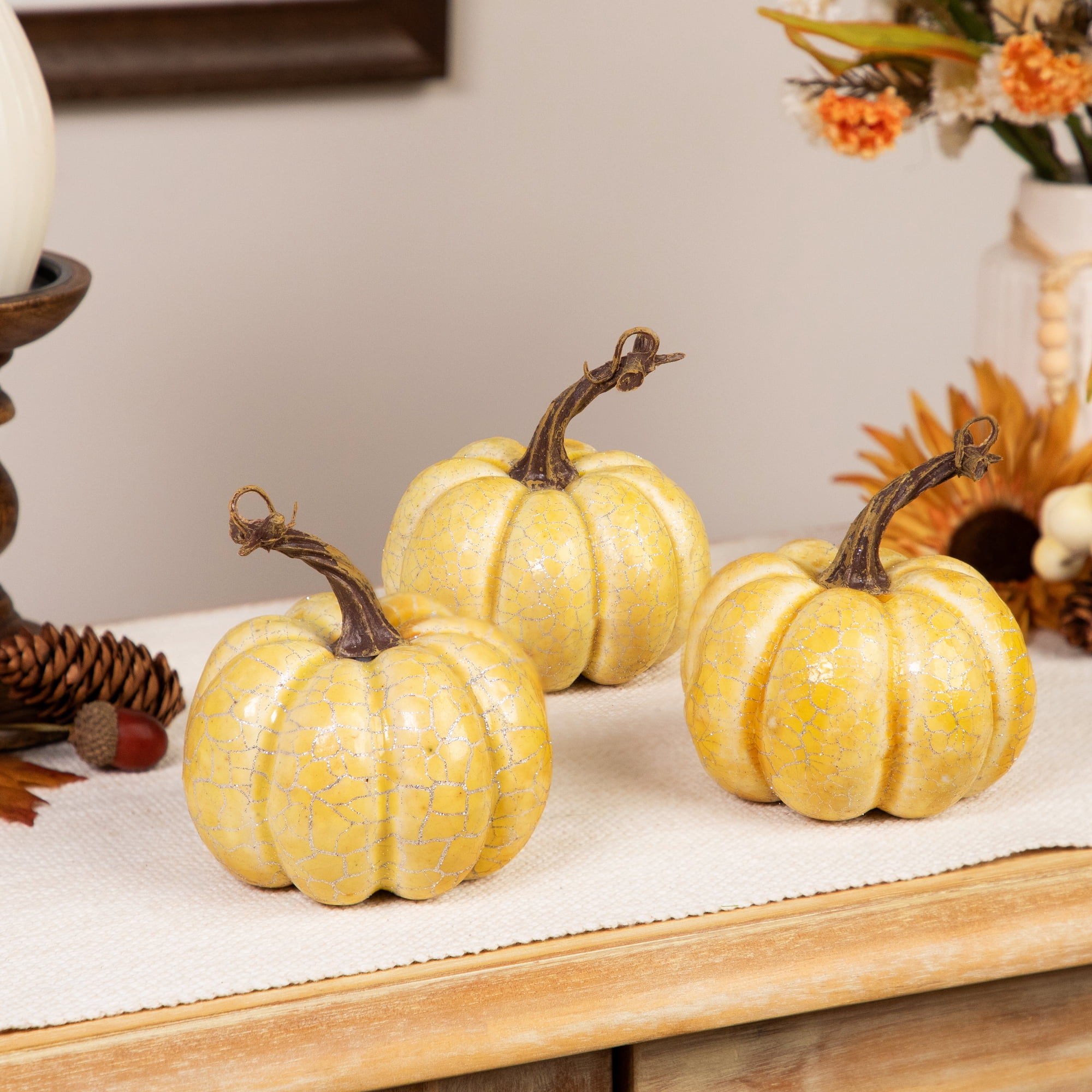 Set of 3 Antiqued White Crackle Finish Fall Harvest Pumpkins 4"