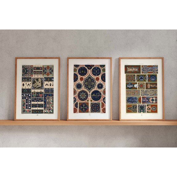 Set of 3 Arabic Pattern Prints by Albert Racinet (Giclée Art Prints from L'ornement Polychrome) Boho Wall Art Home Decor available, Stretched Canvas
