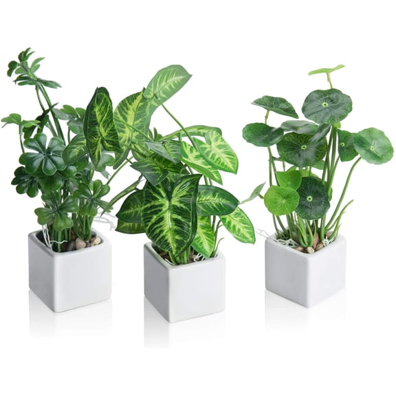 Set of 3 Artificial Plants Faux Potted Plants Indoor Small Fake House Plants in White Square Ceramic Pots for Shelf Home Office Decor