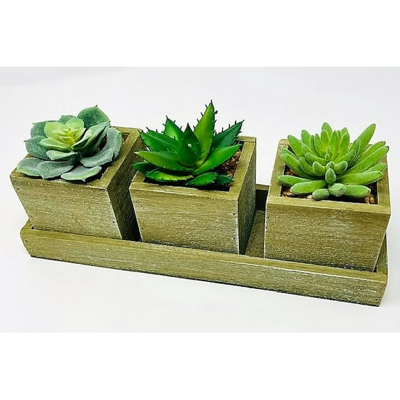 Set of 3 Assorted Artificial Fake Plant Succulents with Wooden Tray for Home and Office Decoration