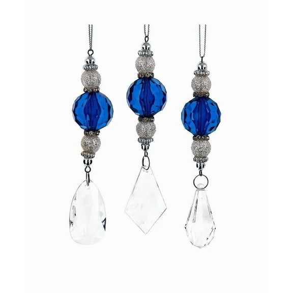 Set of 3 BLUE & CLEAR DROP Beaded Christmas Ornaments, by Kurt Adler