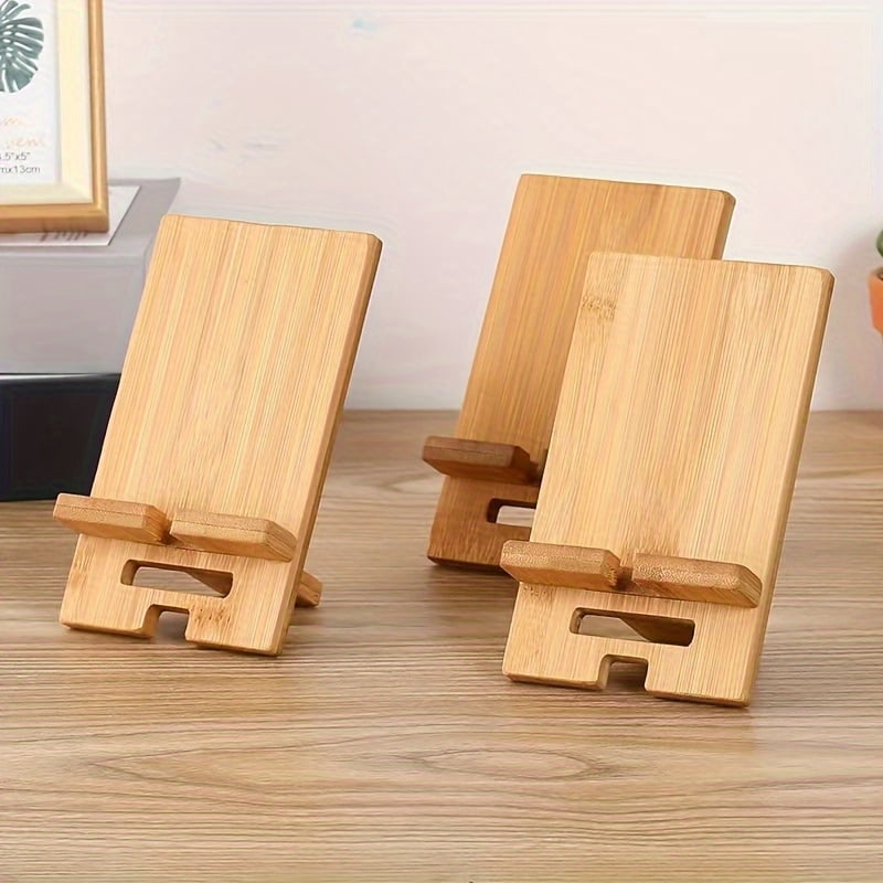 Set of 3 Bamboo Phone Stands - Natural Wooden Desktop Organizer for Smartphones, Tablet Stand and Charging Dock Holder, Eco-Friendly Desk Accessory