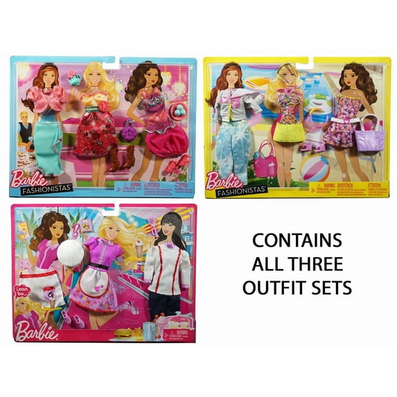 Set of 3 Barbie Doll Clothing Outfit Set - Fashionistas Tea Party + Fashionistas Beach Party + I Can Be Chef