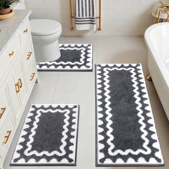 Set of 3 Batik-printed Bathroom Rugs, Absorbent Non Slide Machine Washable Velvet Fleece Memory Foam Mixed Fabric Bath Mats for Toilet Tub / Bathroom
