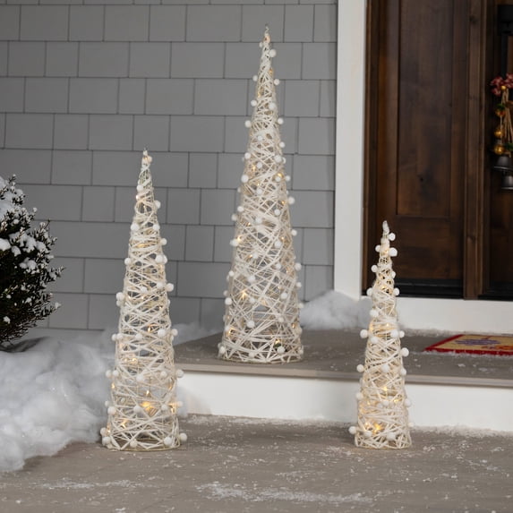 Northlight LED Lighted Glittered Outdoor Cone Tree Christmas Decorations - 39.5" - White - Set of 3