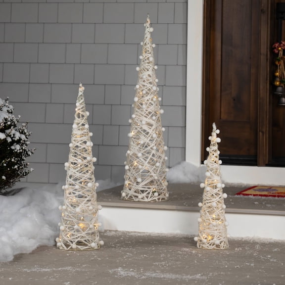 Northlight LED Lighted Glittered Outdoor Cone Tree Christmas Decorations - 39.5" - White - Set of 3