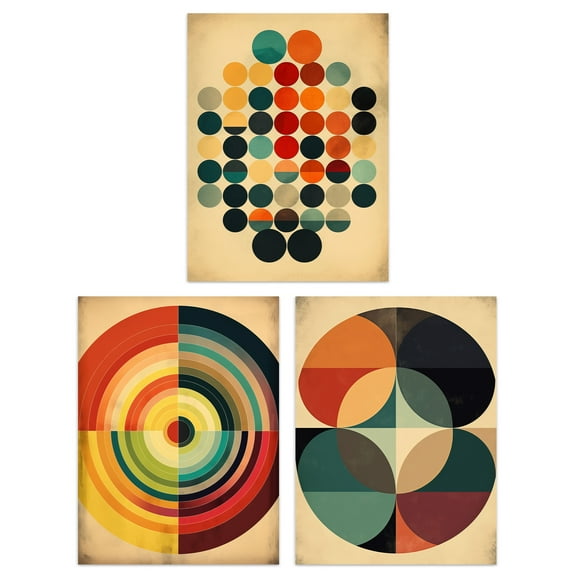 Set of 3 Bauhaus Mid Century Modern Abstract Geometric Concentric Circles Aesthetic Unframed Wall Art Living Room Poster Prints Pack