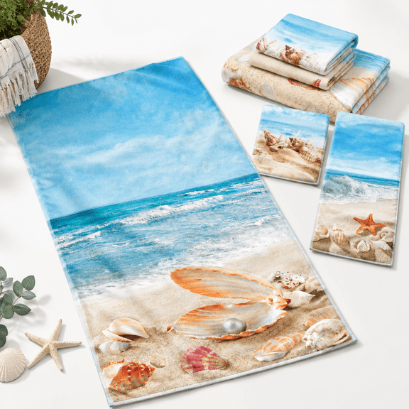 Set of 3 Beach Bath Towel Set with Shell Conch Starfish Pattern