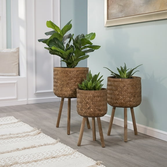 Set of 3 Beautiful Brown Bamboo 11/13/15” Planters for Your Garden and Home Decor