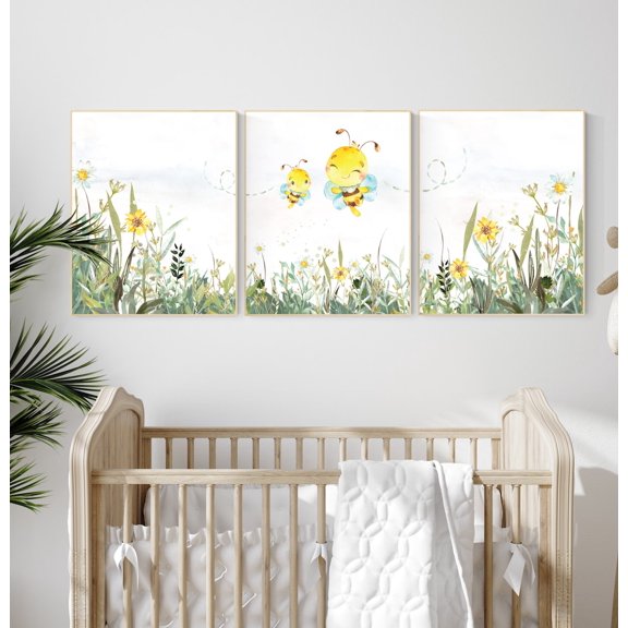 Set of 3 Bee Poster Wall Art Neutral Yellow Prints for GenderNeutral Nursery and Baby Room Decor, Poster Only