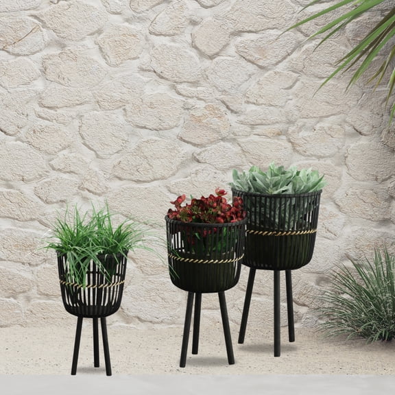 Set of 3 Black Bamboo Footed Planter Pots, 11/13/15 Inch Square Bamboo Wood Plant Containers, No Drainage Hole Indoor Succulent & Houseplant Pots