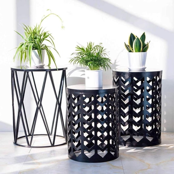 Set of 3 Black End Tables, Nesting Metal Round Coffee Table, Heavy Duty Meta Plant Stand Decorative Garden Stool, Outdoor Multifunctional Use