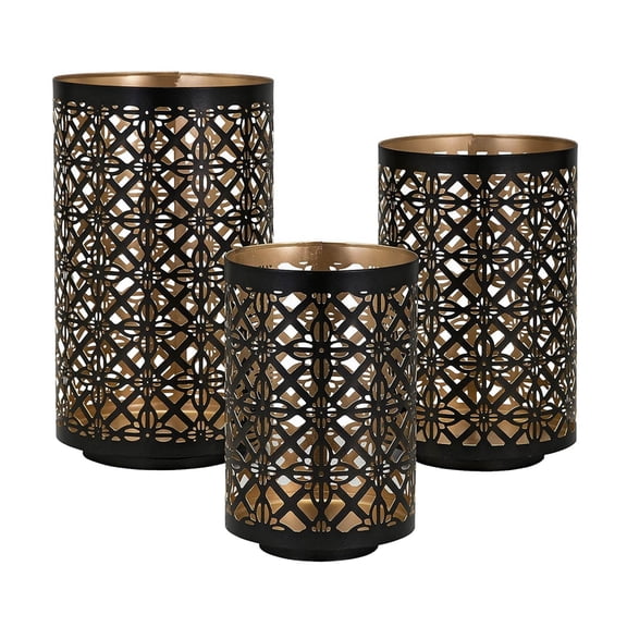 Set of 3 Black & Gold Pierced Metal Lanterns